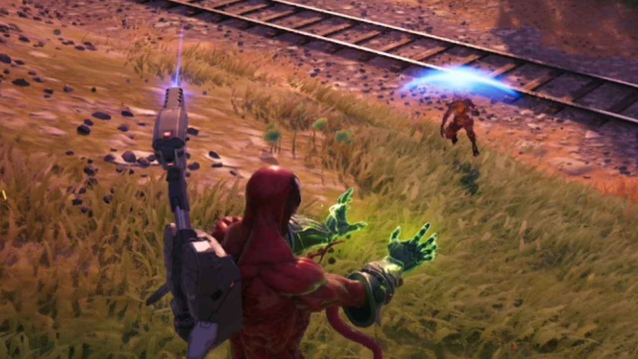 Carnage wearing the war machine turret and jet pack, with the doom gauntlets from fortnite