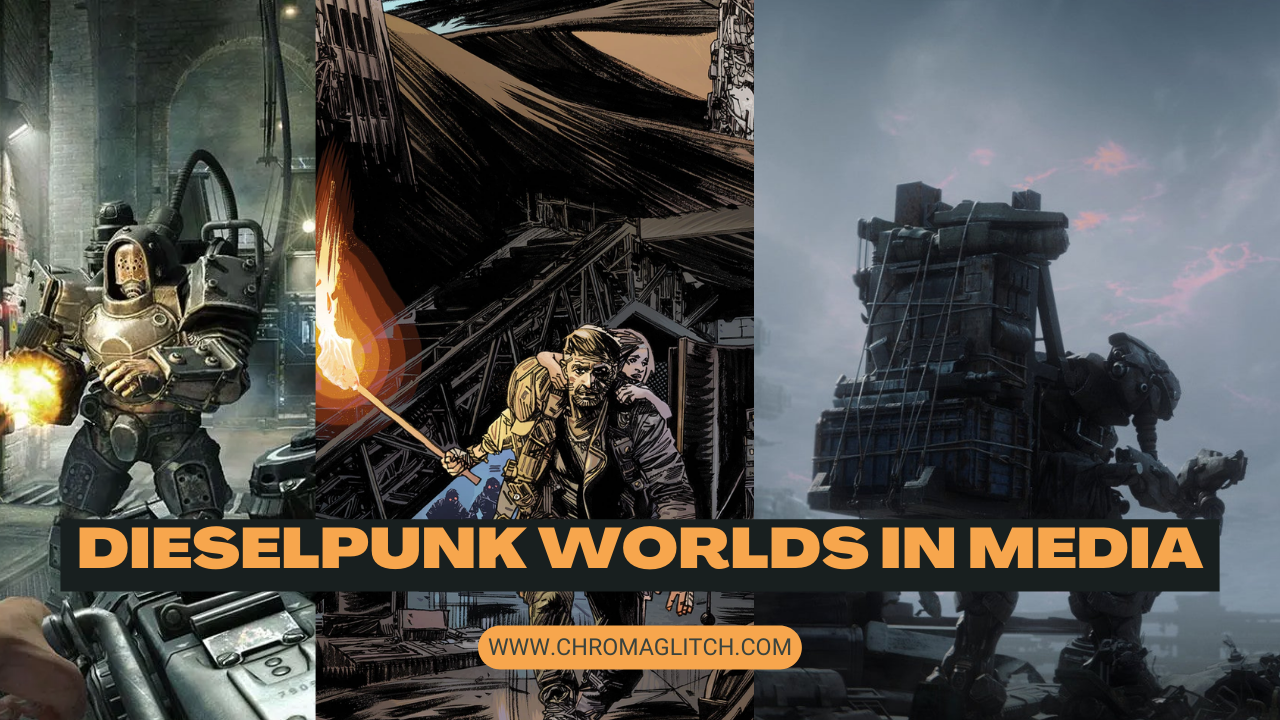 Collage of dieselpunk inspired media, with the text "Dieselpunk Worlds in Media."