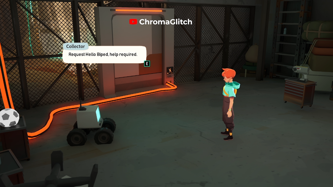 Screenshot of the main character from caravan sandwitch talking with a robot that needs help.