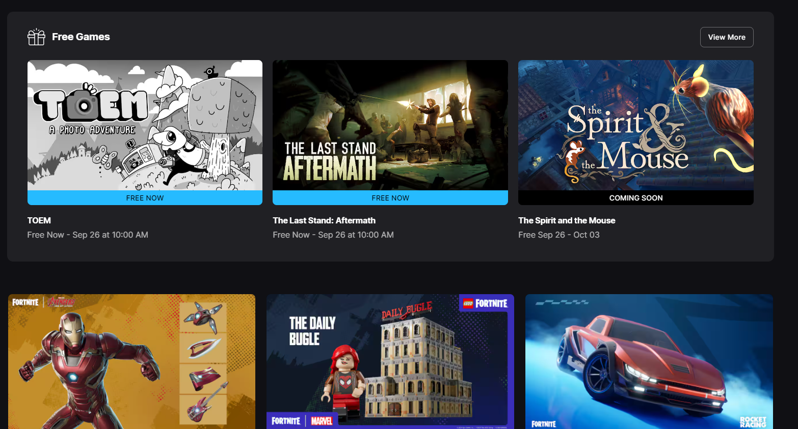 Screenshot of the free games section on the epic game store launcher.