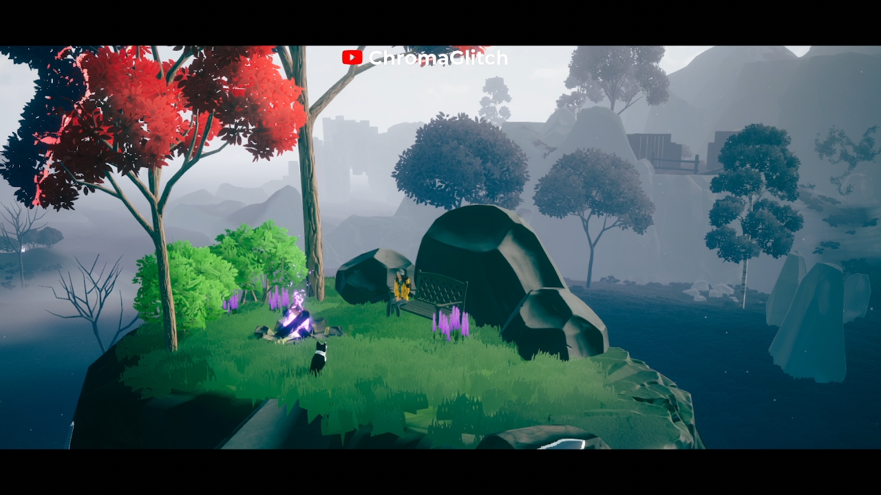 Screenshot from the Farewell North video game with the characters sitting on a bench near a purple campfire.