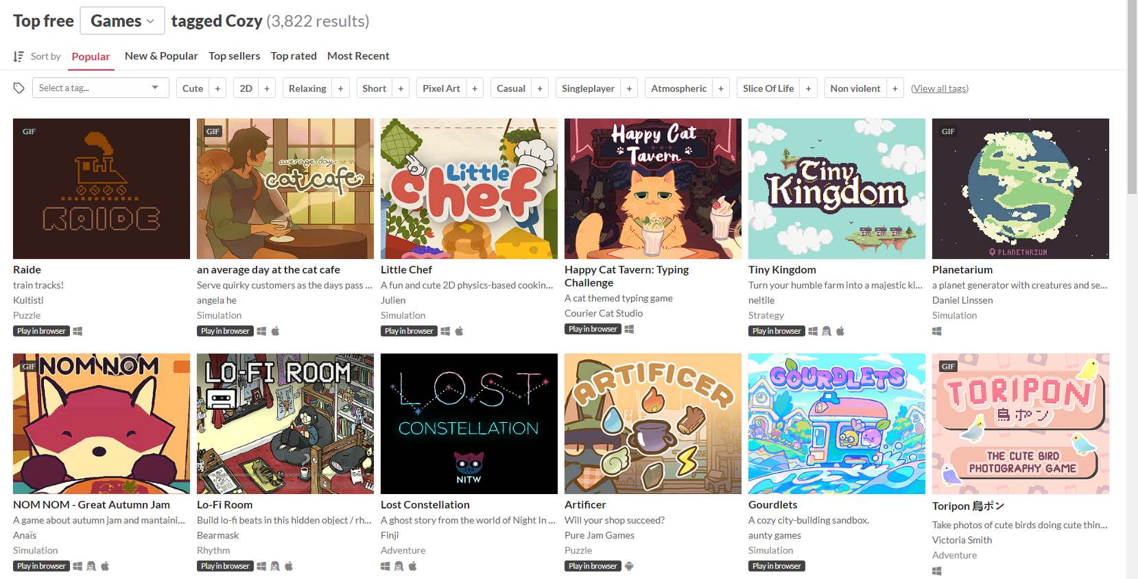 Screenshot of the free cozy games section on itch.io