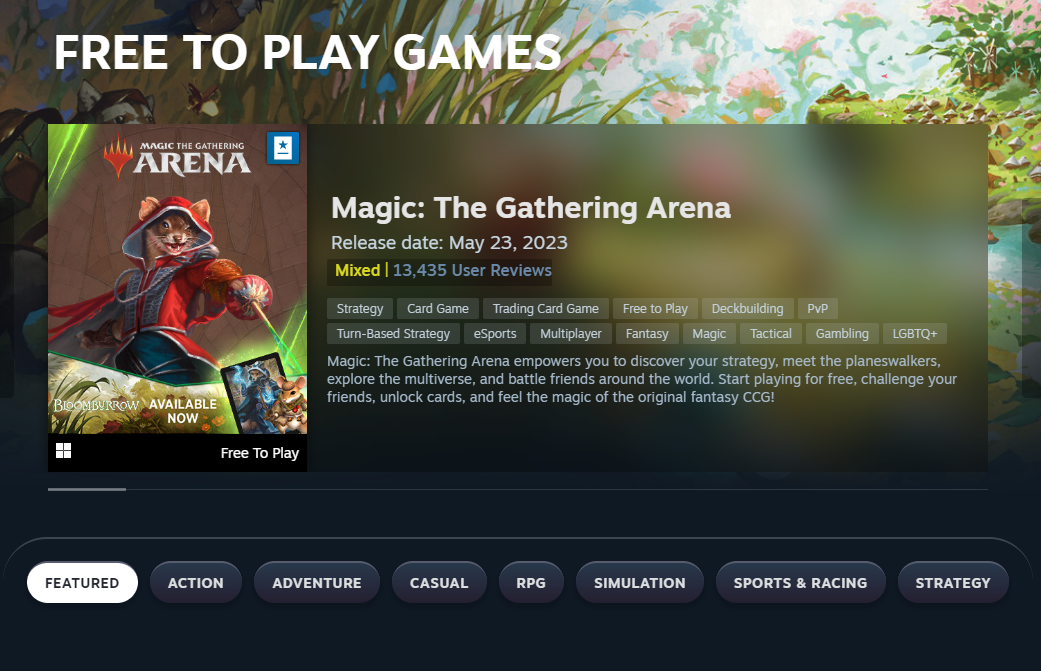 Screenshot of the free-to-play game section on steams app.