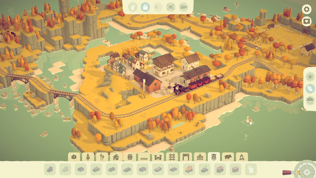 Screenshot from the Islands & Trains demo showing a train next to a town in the fall.