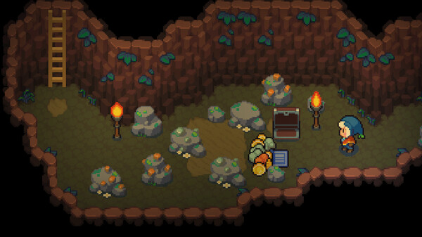 Moonstone Island dungeon screenshot with character opening chest and loot falling to the ground.