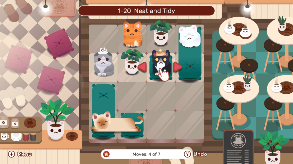 Screenshot of the first world in Nekograms with cats in a cafe sitting on cushions.