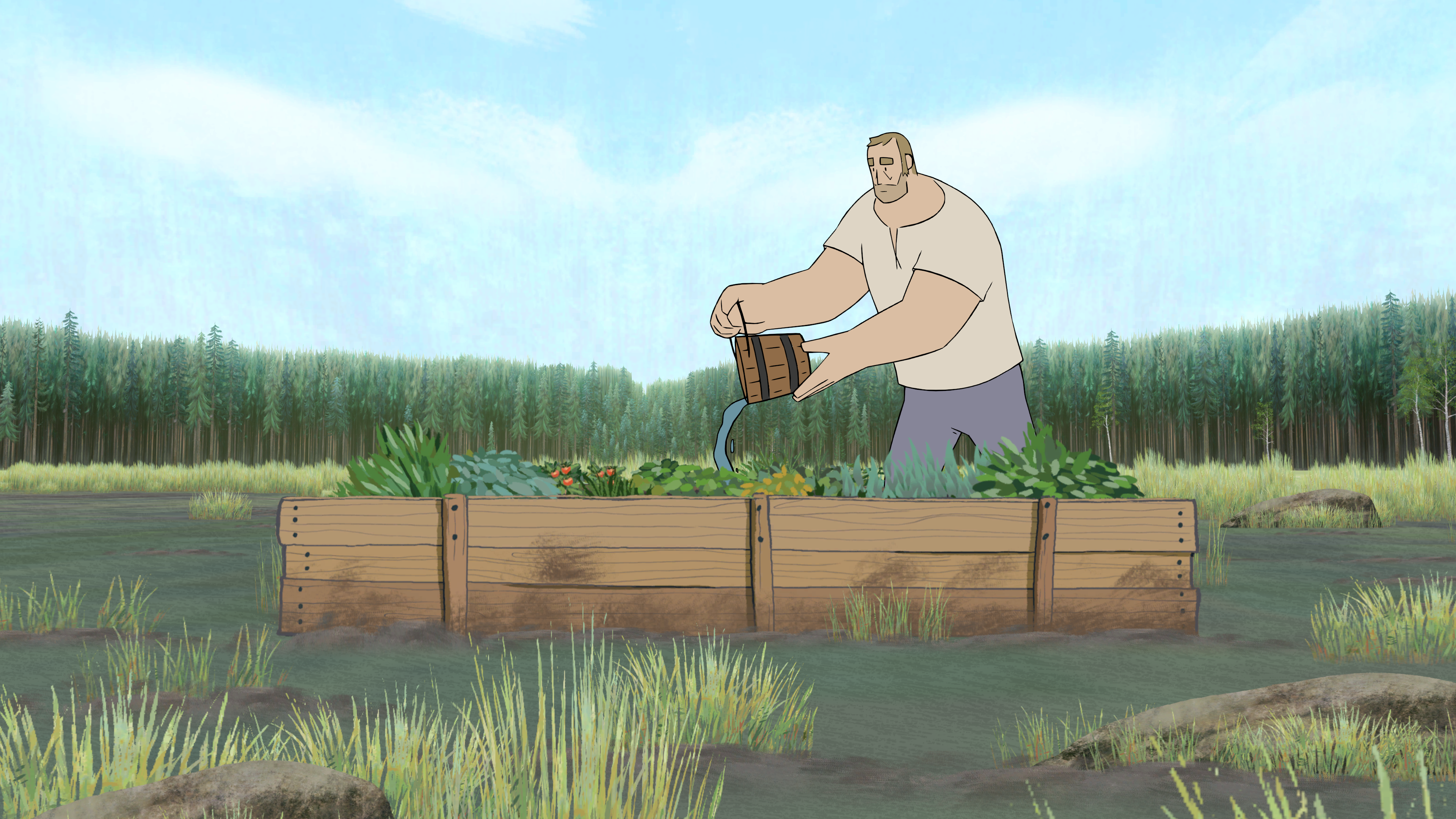 Screenshot of the husband in Pine watering a garden.