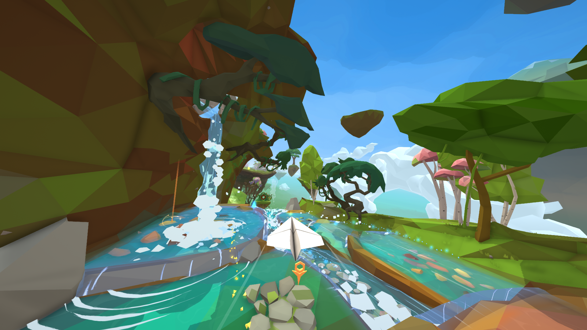 Screenshot of a paper airplane flying over a woodland river bank landscape from the video game Lifeslide.