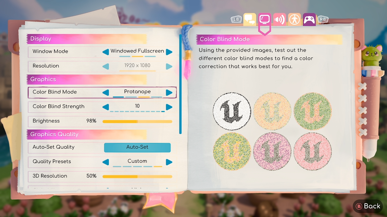 Screenshot of Critter Cafes color blind mode option in the settings menu.