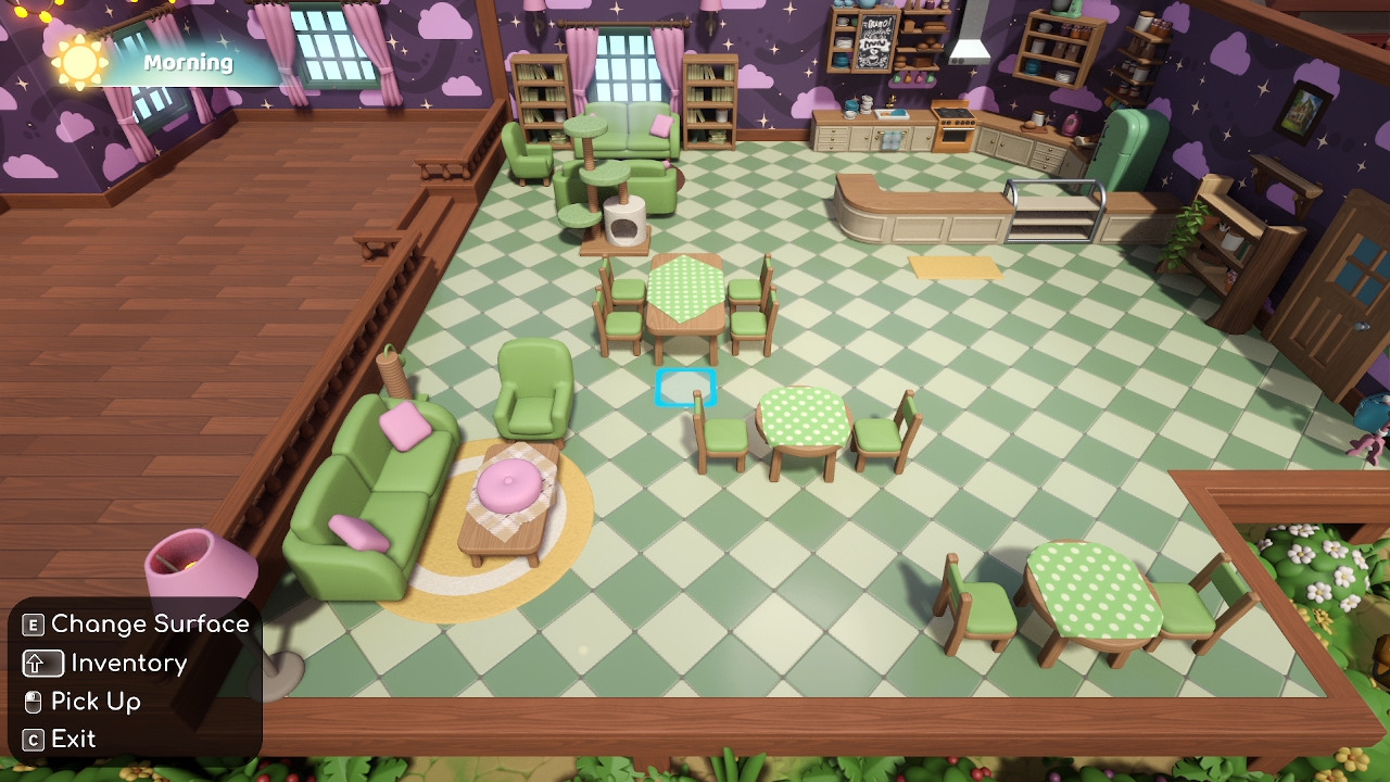 Screenshot of the cafe customization mode in Critter Cafe. The cafe is a witchy theme with purple cloud wallpaper, and green and pink furniture.