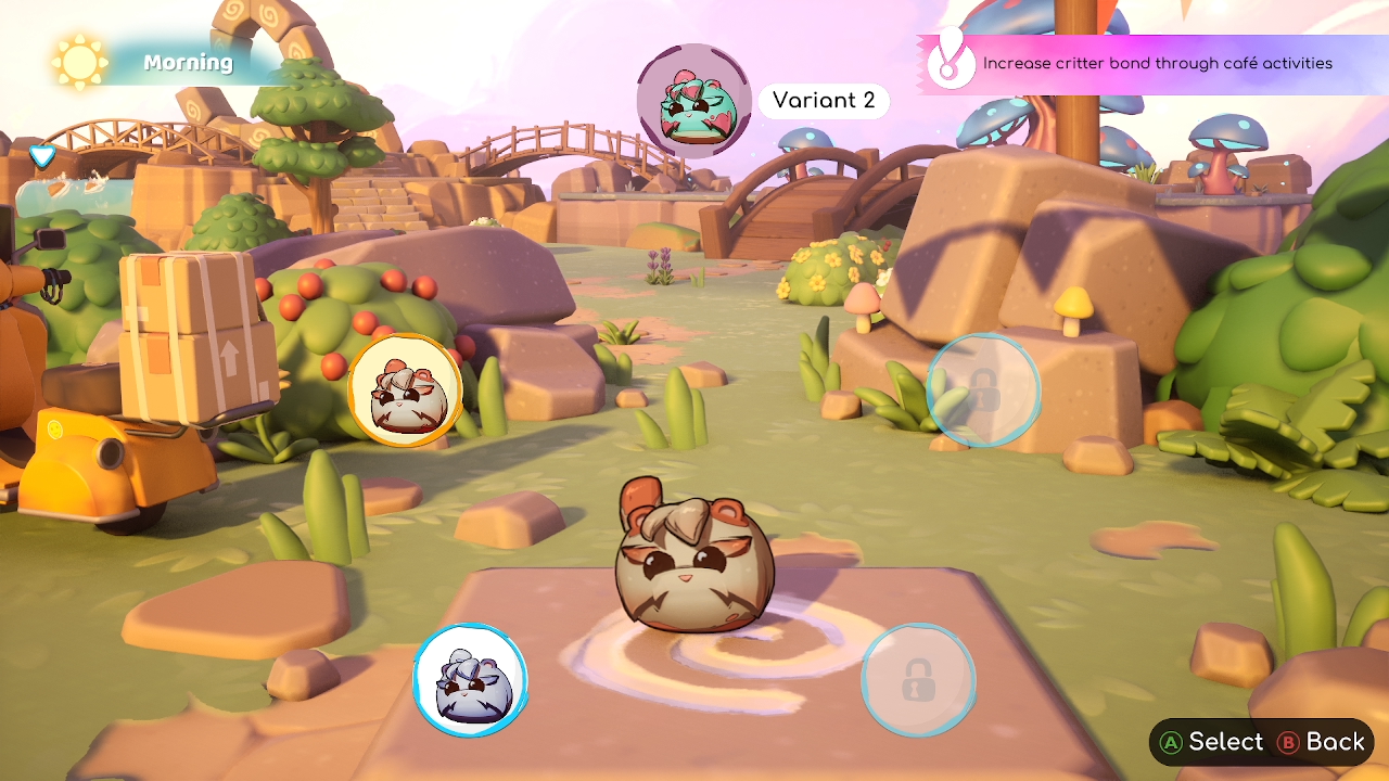 Screenshot of the Critter care mode in Critter Cafe. There is a small hamster-like critter with circles showing different color variants.