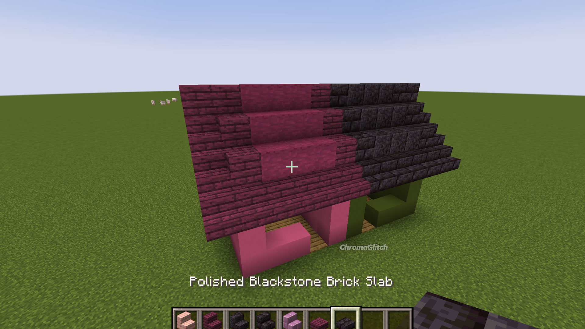 Screenshot of a pink and black roof on a wicked themed build in Minecraft.