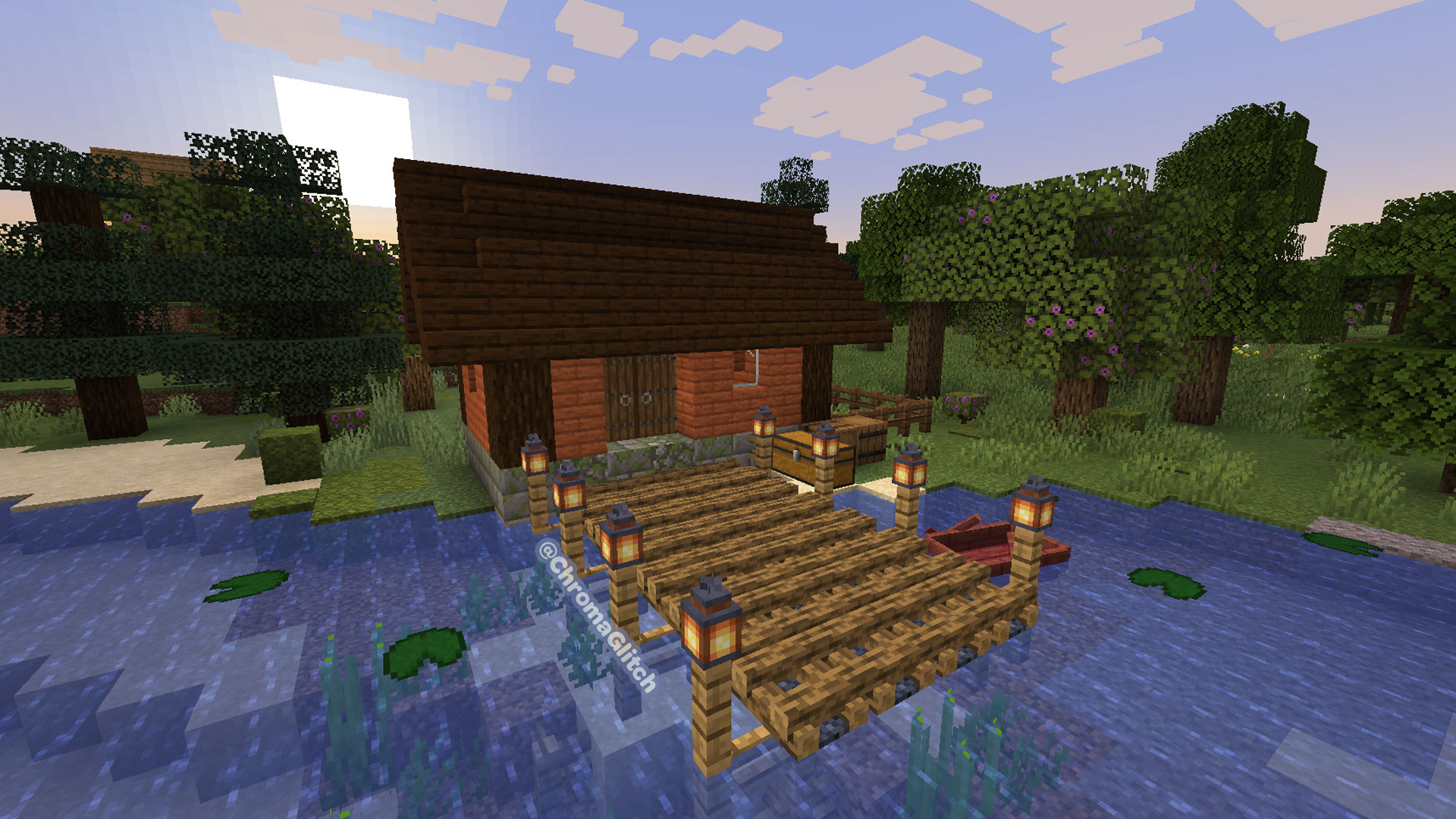 Finished fisherman's hut builtin Minecraft with a boat and chest beside the dock.