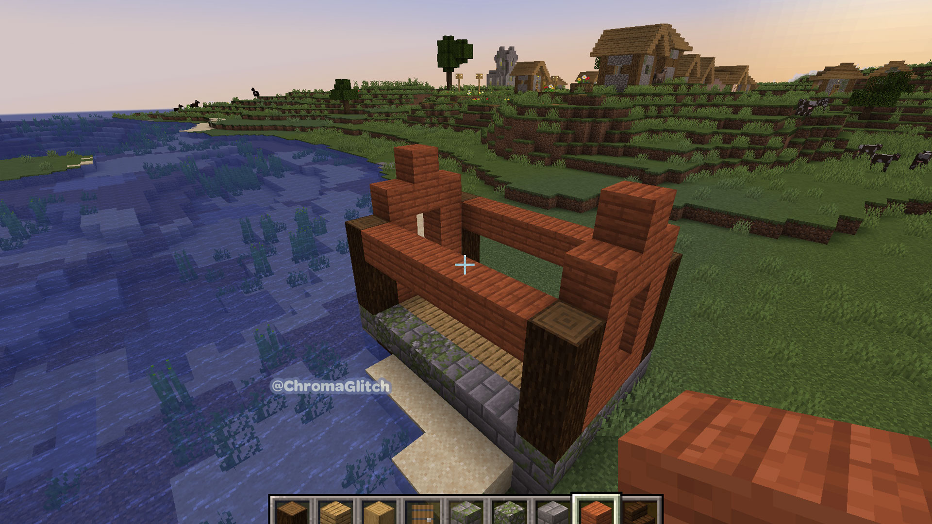 Screenshot of a house being built in Minecraft. The two walls on the short sides are now connected by a two rows of wood blocks.