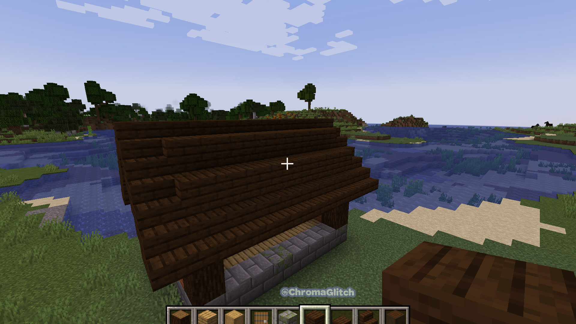 Screenshot of the roof of the fisherman's hut in Minecraft.