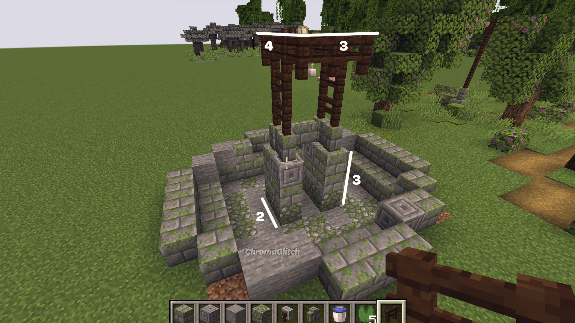 Further construction of the Minecraft fountain showing the center of the fountains tower. Markers indicating that the center base is made from two 2x3 rectangles with walls and fence posts stacked on top.