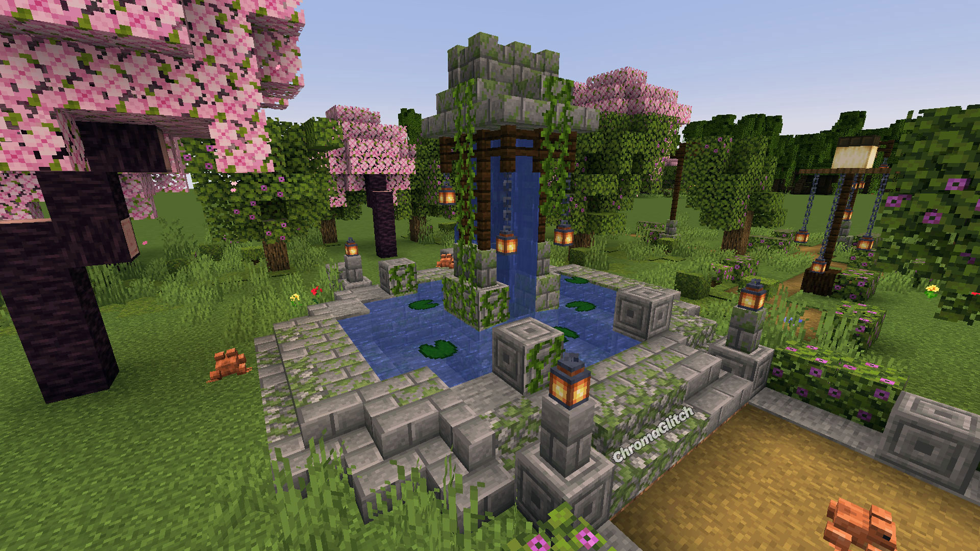 An overgrown stone fountain built in Minecraft surronded by trees and frogs.
