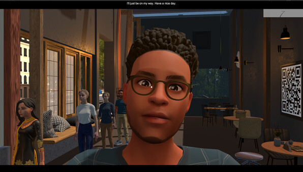 Customers standing in line in the game Cafe Paris, one customer is standing in front of the camera.