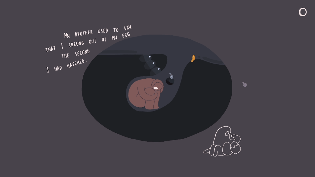 Screenshot from The Bear video game, showing the Little One telling The Bear a story about thier siblings.