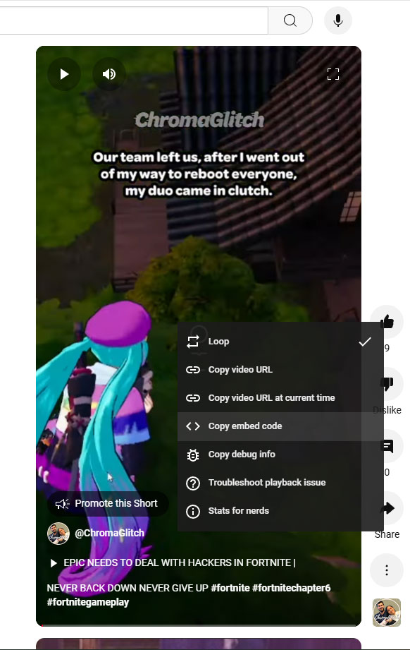 Screenshot of a YouTube Short with the mini menu showing the option to copy embed code.