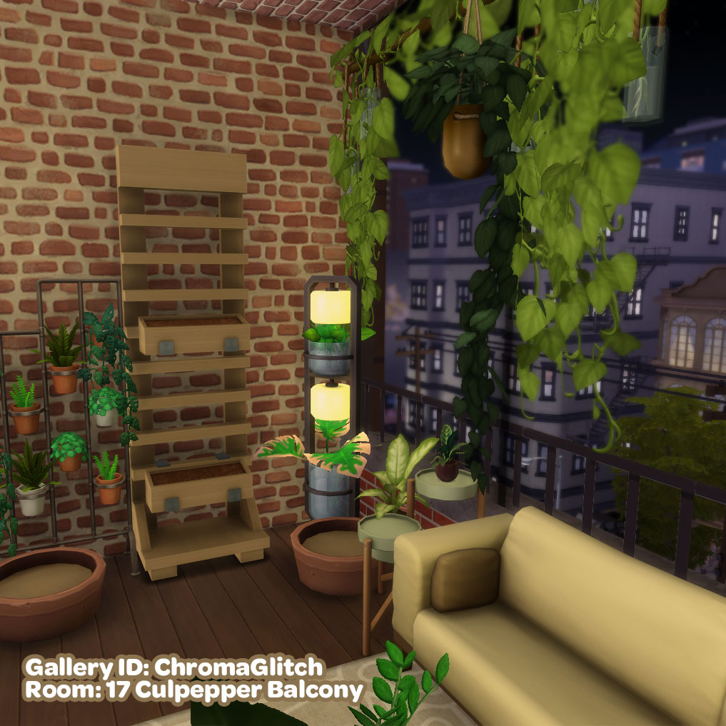 Screenshot of the finished balcony in The Sims 4. There are plants around a couch and drapping from the ceiling.