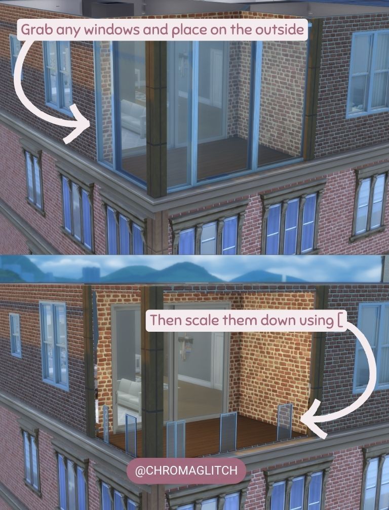 The top screenshot shows six wall height windows placed on the outer wall of the intended balcony. The text over this image "Grab any windows and place on the outside." The screenshot on the bottom shows these windows scaled down with text saying to scale them using the bracket keys.