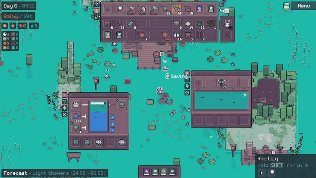 Screenshot from the Mudborne video game, showing a frog in a pond surronded by other frogs. There are popup windows with various frog life cycle tasks.