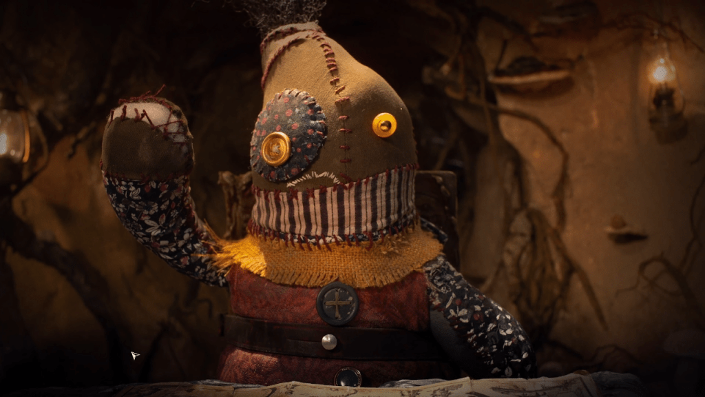 Screenshot of a strange doll from the game South of Midnight  in a burrow.
