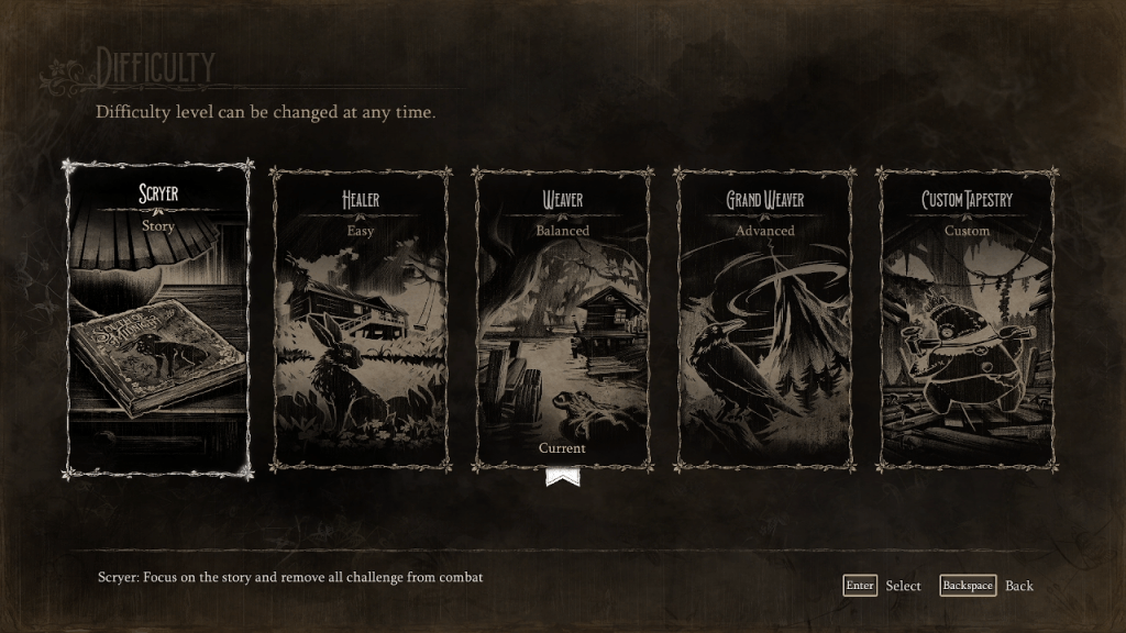 Screenshot of the five difficulty levels in the South of Midnight video game.