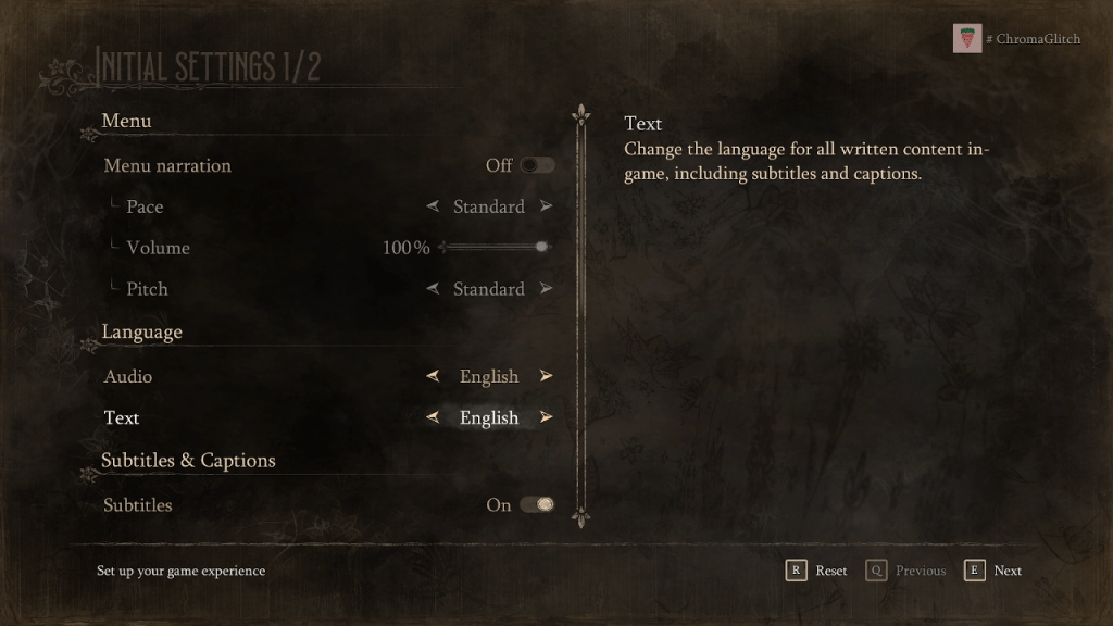 Screenshot of the menu narration settings in the game options.