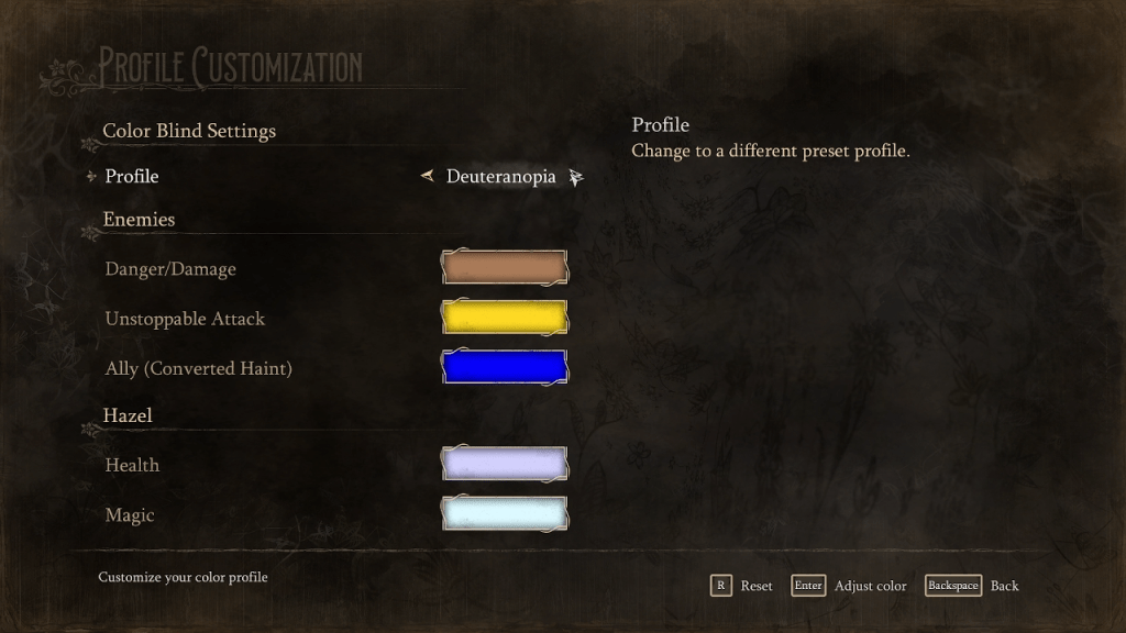 Screenshot of the colorblind settings in South of Midnight.