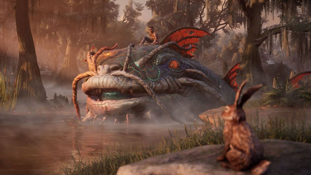 Screenshot of Hazel riding on top of a giant mystical catfish in a swamp from the game South of Midnight.