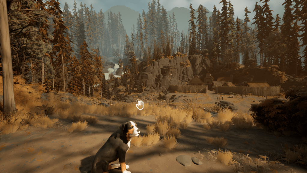 Screenshot from the game Two Falls showing one of the character's dog sitting near a large forest.