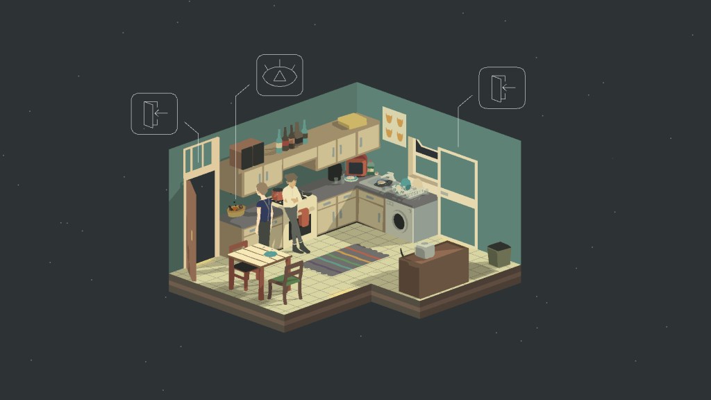 Screenshot from the No Longer Home video game ith the two main characters standing in thier kitchen talking.