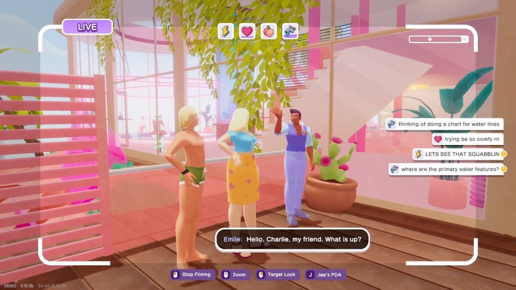 Screenshot of cast members talking together from the video game The Crush House.
