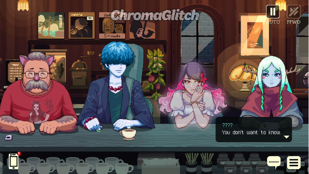 Screenshot from the Coffee Talk Tokyo demo, showing four characters sitting at a bar drinking various drinks and talking.