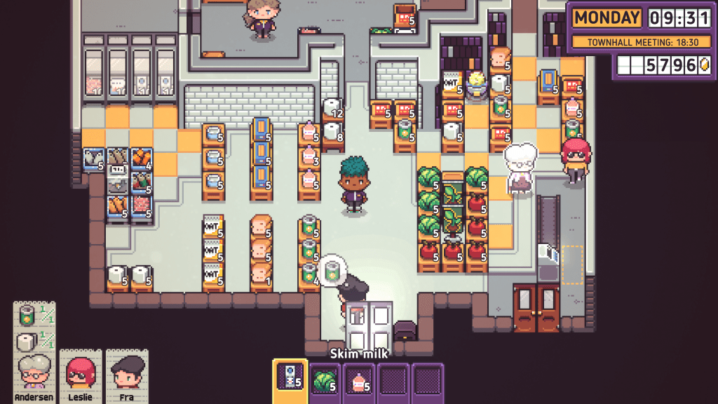 Screenshot of a stocked supermarket in the Discounty video game.