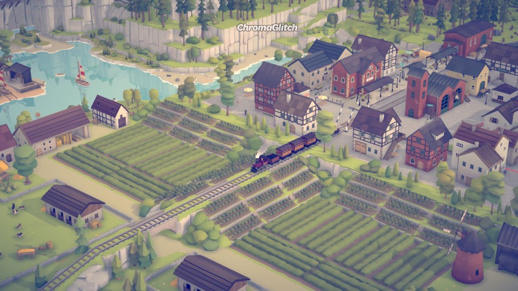 A large island with a train driving through a town and into farmlands.