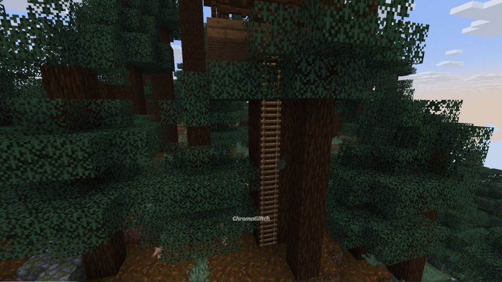 There is a long ladder going up the tree trunk that connects to a trap door.