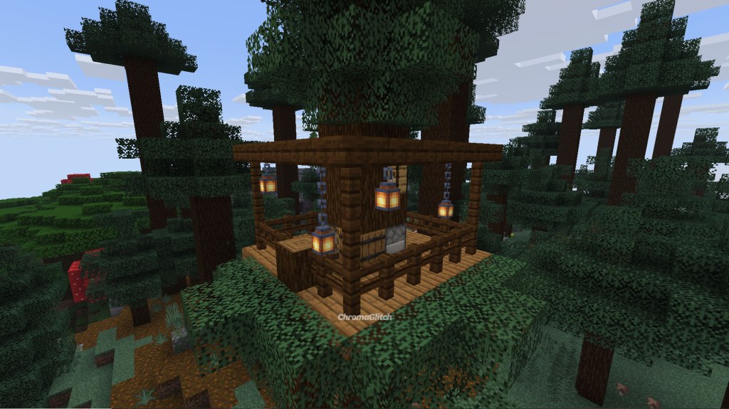 Lanterns are hanging from the treehouse roof, and crafting blocks are imbeded in parts of the trunk.