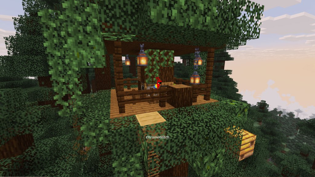 More leaves have been added to fill in the tree around the top and bottom of the tree house.