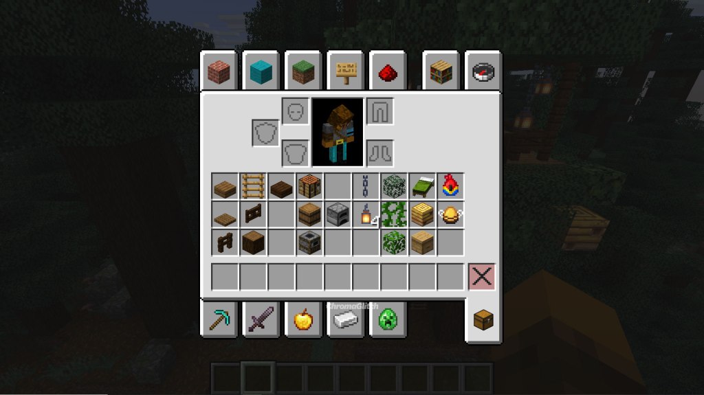 Screenshot of items used to build the tree house. Wood slabs, spruce trap door, dark oak fence post, ladders, dark oak gate, crafting table, barrel, furnace, smoker, chain, lantern, leaves, and bed.