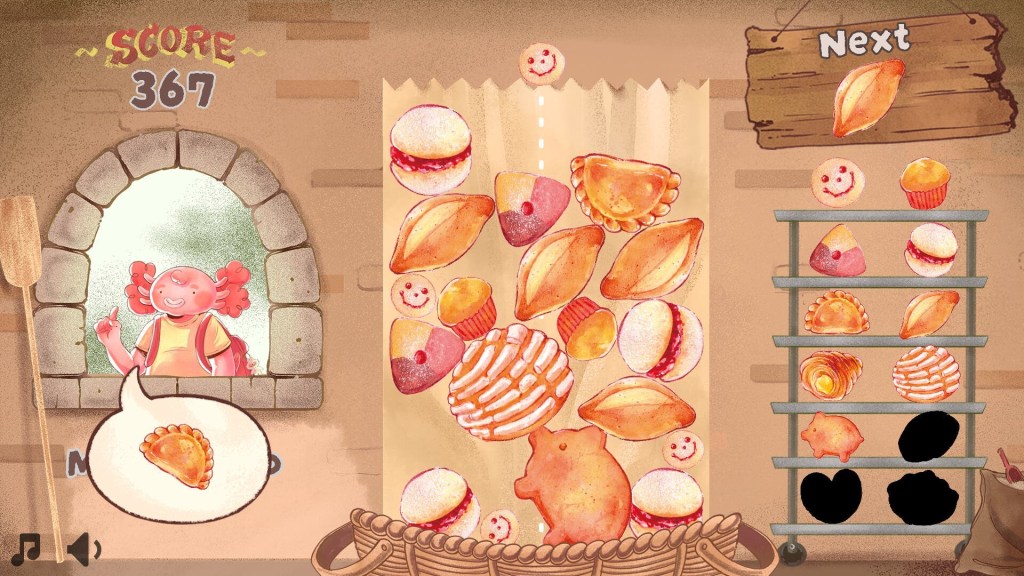 Screenshot from the PancitoMerge video game showing various sweet breads in a bag.