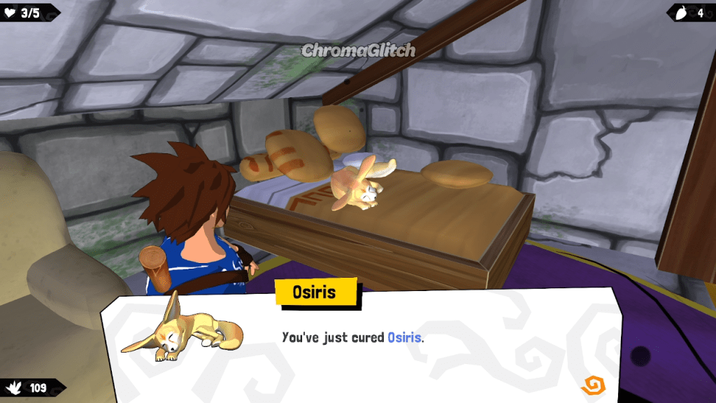 Screenshot from the video game Zefyr: A Thief's Melody. Showing Zefyr with his families pet.