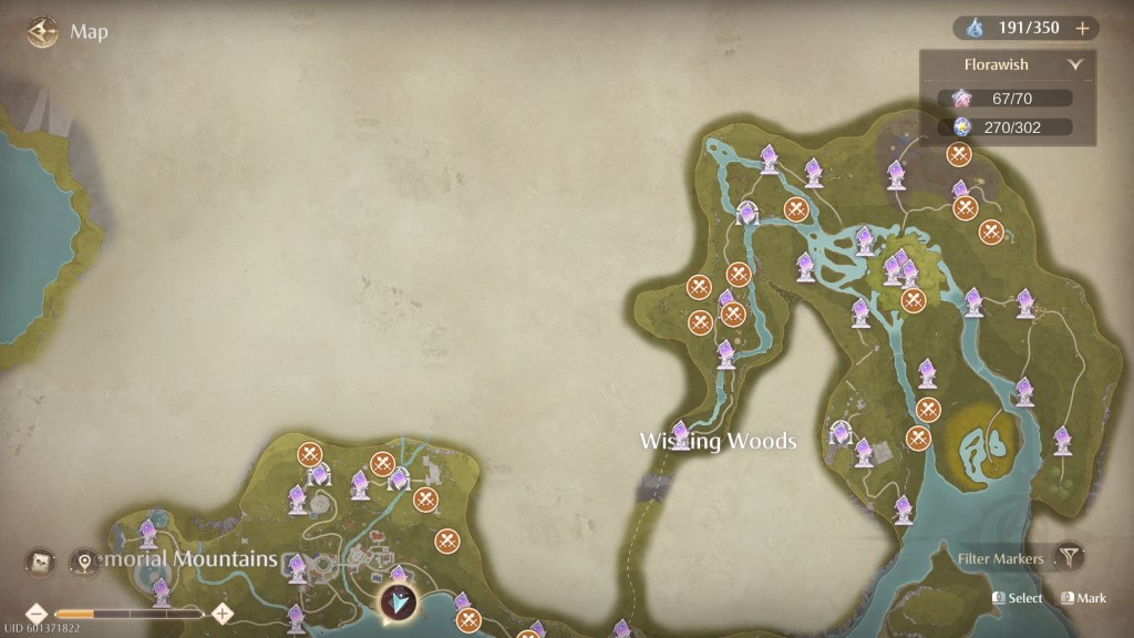 A map of Mira Land showing the locations of greedy pouches around the land marked with a crossed sword icon.