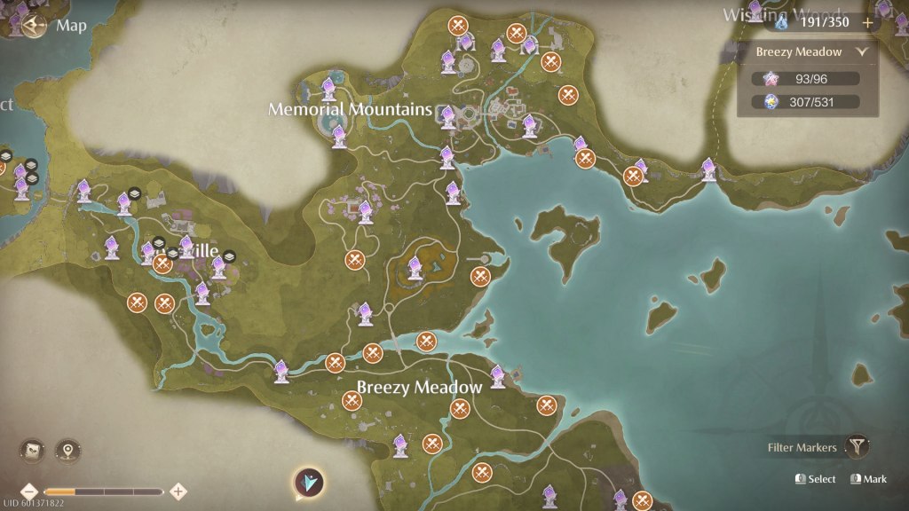 A map of Mira Land showing the locations of greedy pouches around the land marked with a crossed sword icon.