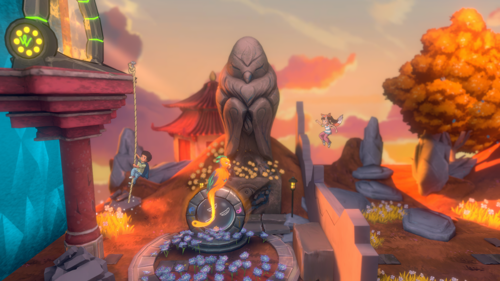 Screenshot of Lost Twins 2 video game  single player screen with one character jumping and another climbing on a rope.