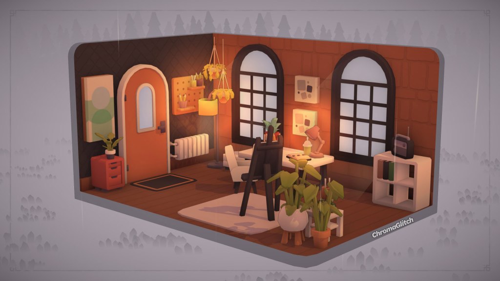 A cozy modern art studio with warm lighting made in MakeRoom.