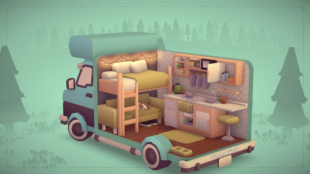 A camper van with a green and tan interior made in MakeRoom.