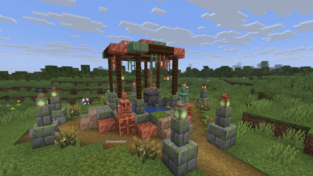 Screenshot of the finished well in Minecraft. There are various copper decorations around it.